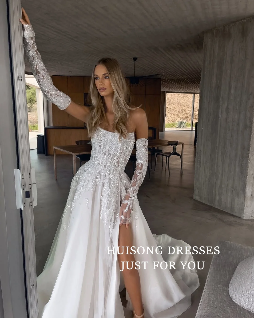 

HUISONG Customized Glitter Lace Appliques Boho Wedding Dresses Long Sleeves Side Split A-Line Bridal Gown vestidos de novia