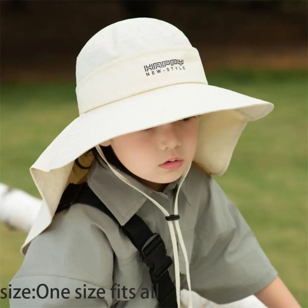 Sombrero a prueba de sol con capa para niños, gorra alpina para acampar, sombrero de ala grande, sombrero de cubo fino para niños, alfabeto ajustable, Verano