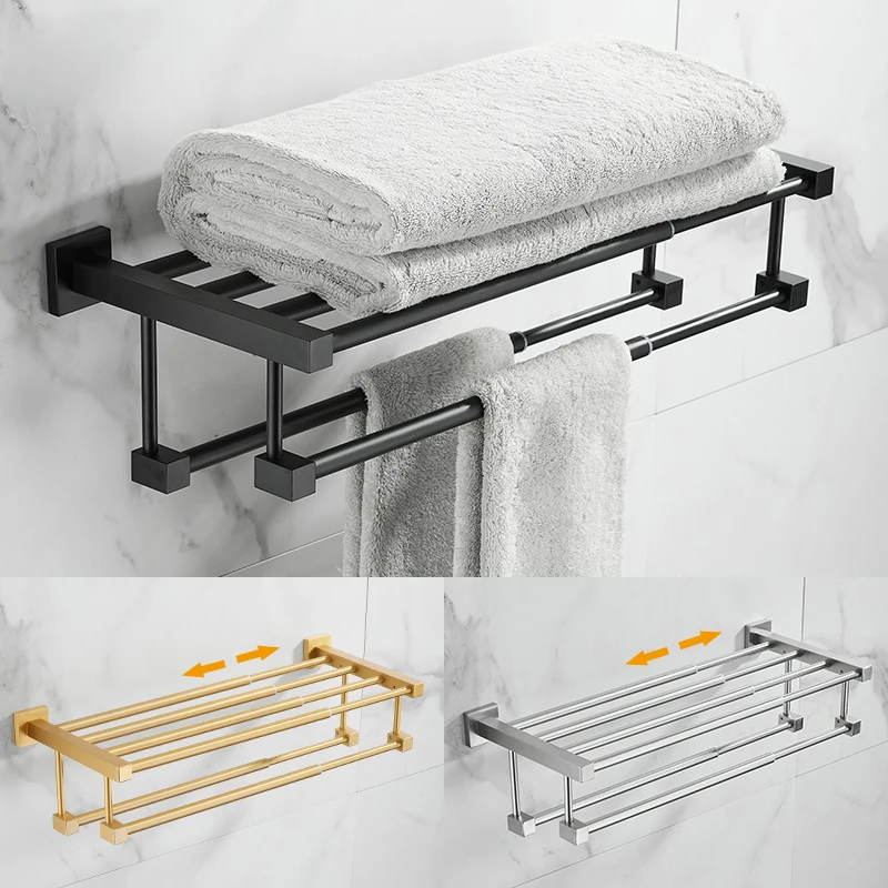 

Bathroom Retractable Bath Towel Rack Black, Gold Multifunctional Bathroom Drying Towel Hanging Rod Brush Nickel Stainless Steel