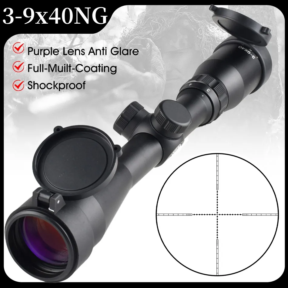 3-9x40NG Rifle Scope Cross-Hair Reticle Purple Lens Anti Glare Tactical Collimator Fits Airsoft Hunting Shooting 11mm/20mm Rail