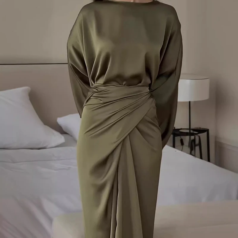 Elegante Frauen Tie-up Taille Satin Kleid Casual Weibliche Oansatz Drapierte Lange Kleid Vintage Einfarbig Fledermaus Ärmel Robe party Kleid