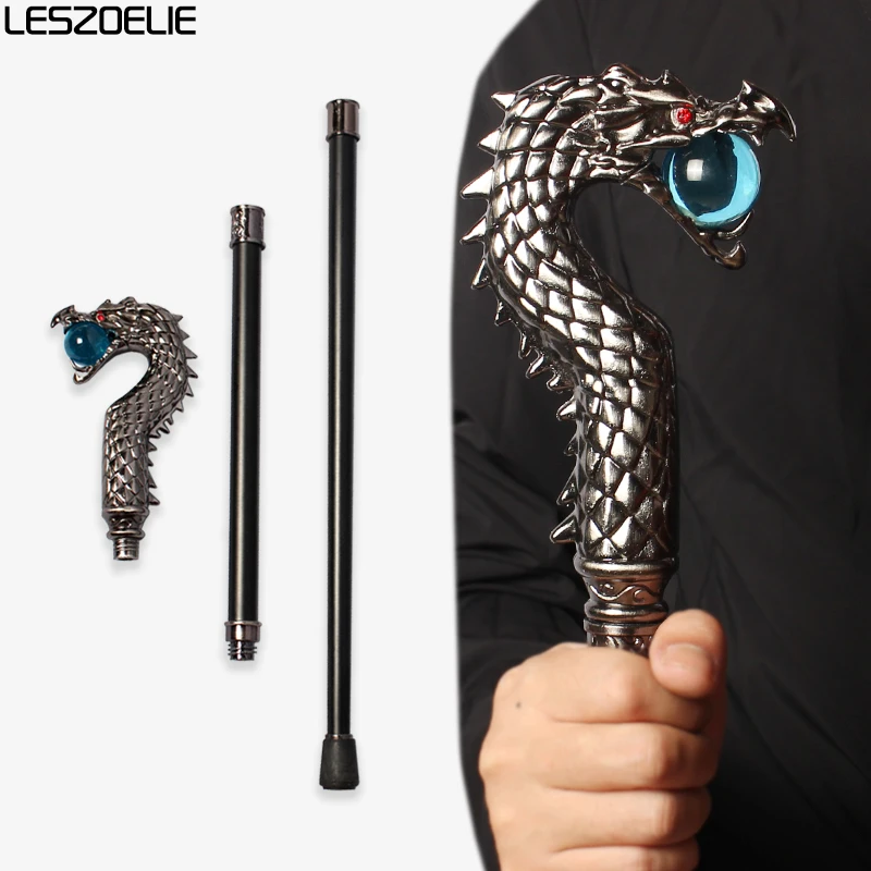 

Luxury Silver Dragon-Head Walking Cane with Lake Blue Crystal Ball Fashionable Decorative Stick for Men And Women Vintage Party