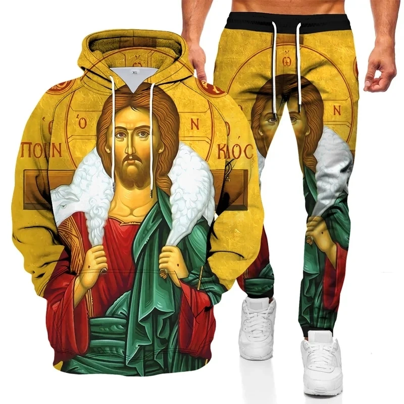 Sudadera con capucha de retrato indio para hombre, Conjunto de sudadera con estampado 3D de Dios, jerseys de María, pantalones casuales Harajuku