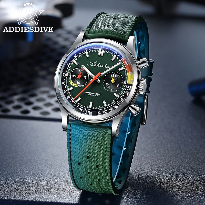 ADDIESDIVE 38MM Chronograph Watch 0S21 Movement Bubble Mirror Glass 100M Waterproof Quartz Watches BGW9 Luminous Watches AD2549