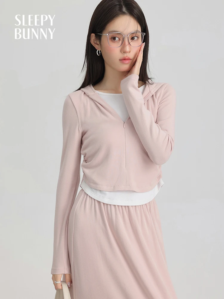 

Chic Casual Feminine Pink Hoodie Sweatshirt Top Lightweight Slim Fit Long Sleeve Pullover Jacket Women Autumn Layering Outfit