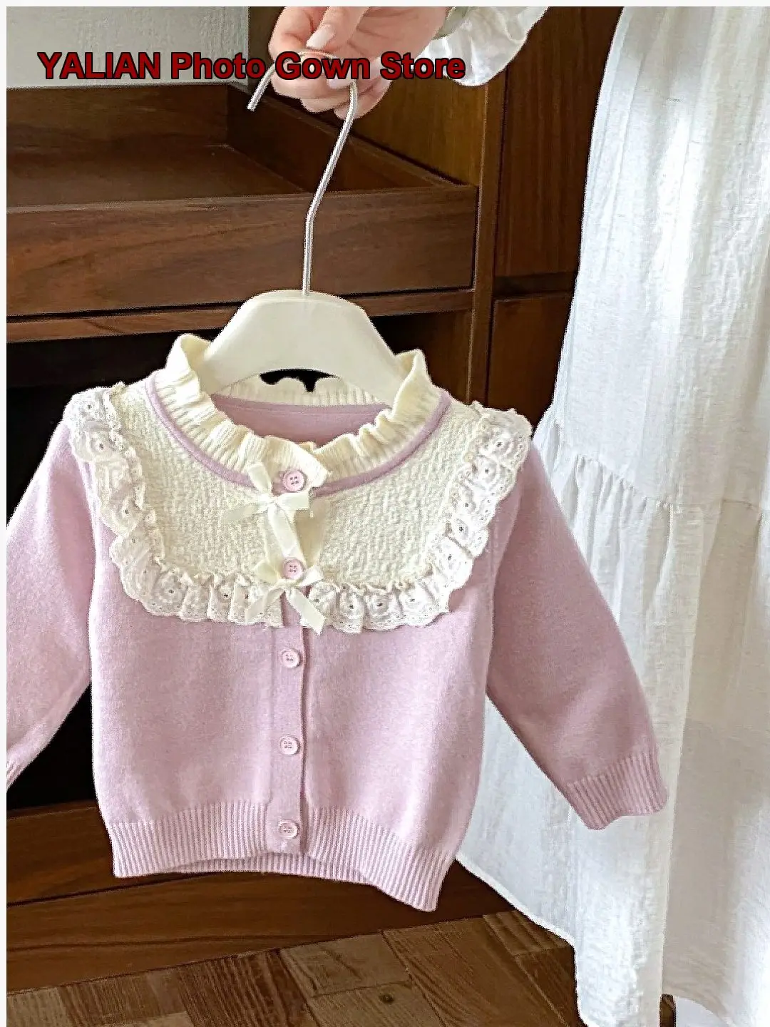 Infant Girls Spring Autumn Knit Cardigan with Lace Trim Round Neck Long Sleeves Open Front Coat