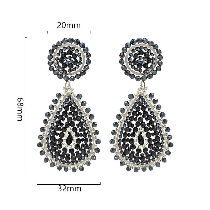 ZGMXR Rice bead earrings Crystal Water droplet Recessed design Hand-woven Retro Alloy Woman Bohemia  Simple Beaded earrings