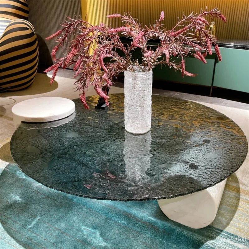 

Modern Coffee Table Marble Base Living Room Round Glass Coffee Table