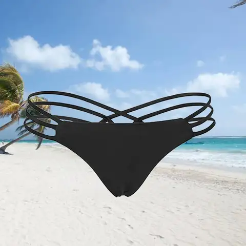 Strappy Bikini Thong Swim Bottoms Black Size L Swimwear Panties Comfortable Stretchy Briefs for Pool Party