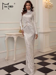 Missord White Sequin Bodycon Evening Dress Elegant Women Autumn Winter Long Sleeve High Neck Maxi Party Prom Dresses Gown