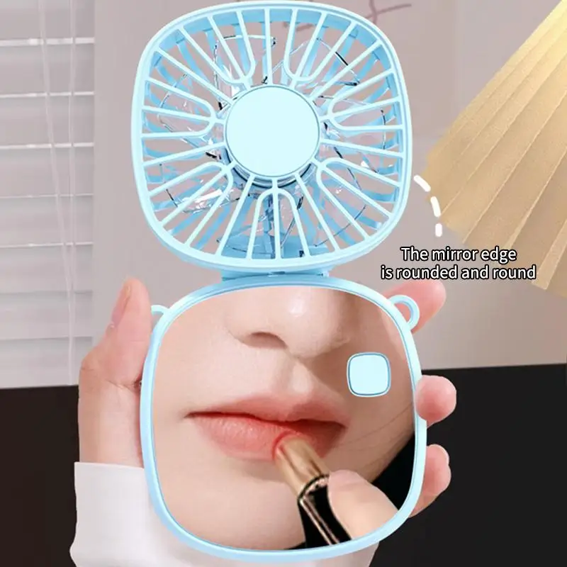 Foldable Small Electric Fan Multi-functional Mini Handheld Fan With Makeup Mirror USB Rechargeable Portable Hanging Neck Fan