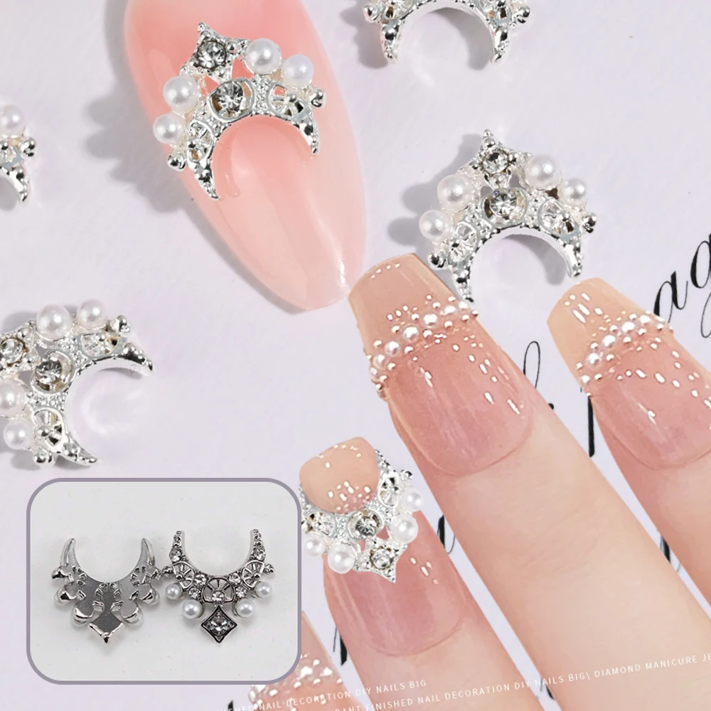 10pcs 3D Gold/Silver Crowns Nail Charms Crystal Pearls Hollow Crown Rhinestone Gems Nail Studs Court Style Nail Alloy Jewelry