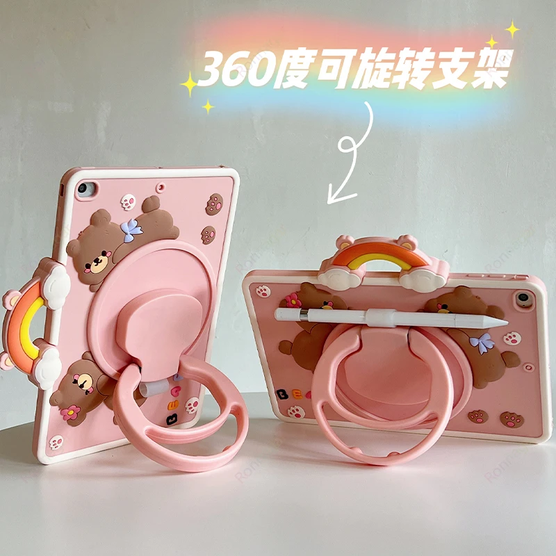 เคส3D หมีสายรุ้งน่ารักสำหรับ iPad Air 11นิ้ว M2 2024 Air 6th/10.9 4th 5th อากาศรุ่น10th 10.2 ''iPad 5/6/7/8/9th MINI