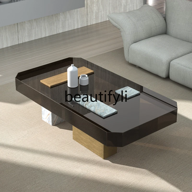 Light luxury tempered glass coffee table simple modern living room rectangular marble