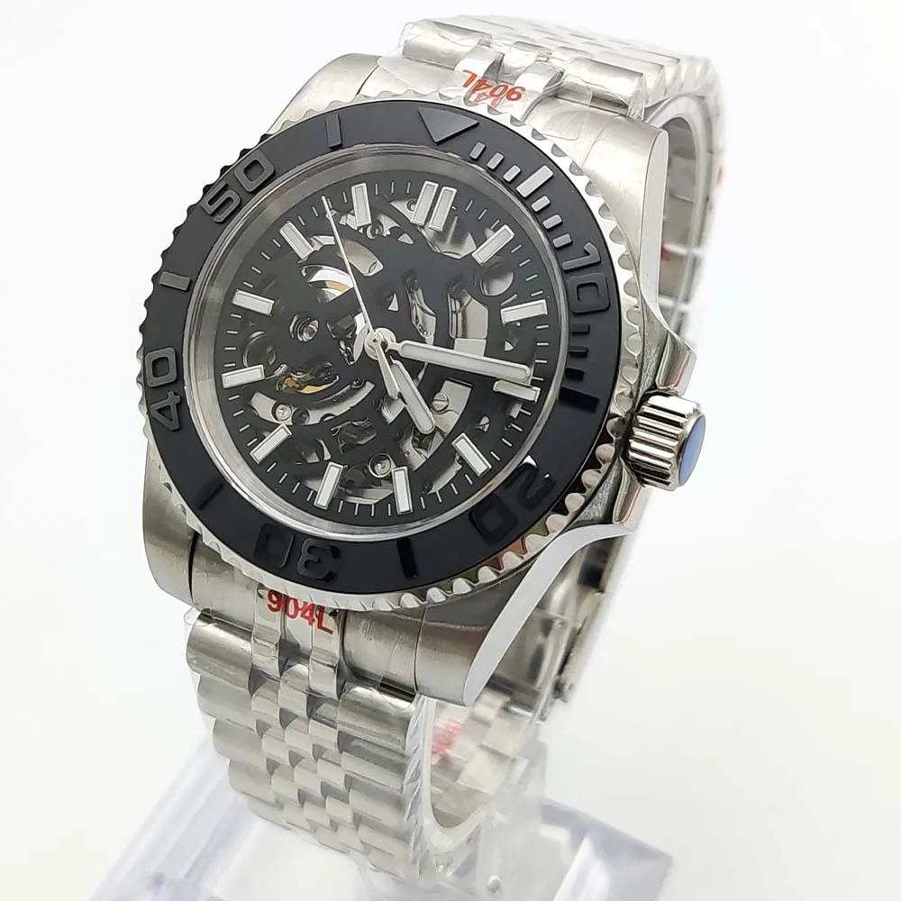 Men\'s NH70 Automatic Skeleton Watch, Silver-coloured Stainless Steel Case, Single Rotating Bezel, 5-Baht Strap, Fashionable