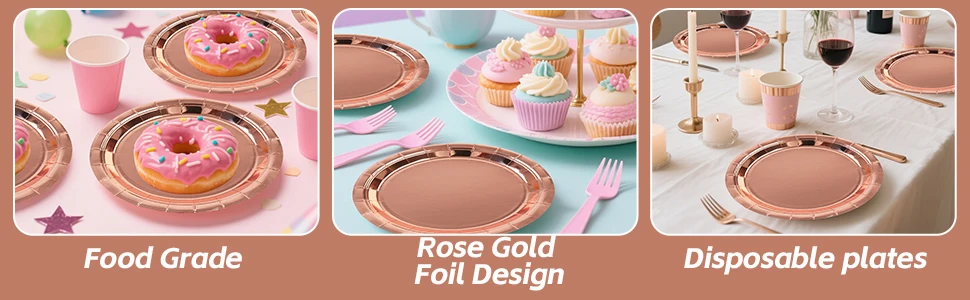 Roségold Einweg-Geschirrset, Pappbecher, Teller, Servietten, Tischdecken, Strohhalme, Verlobung, Hochzeit, Geburtstagsparty-Zubehör – Detail 10