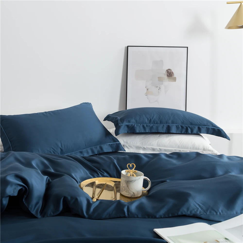 Imagem -05 - Lanlika-nobre Azul Escuro Conjunto de Cama 100 Seda Conjunto de Cama Capa de Edredão Folha Plana Roupa de Cama Fronha Duplo Rainha Rei Presente Saudável