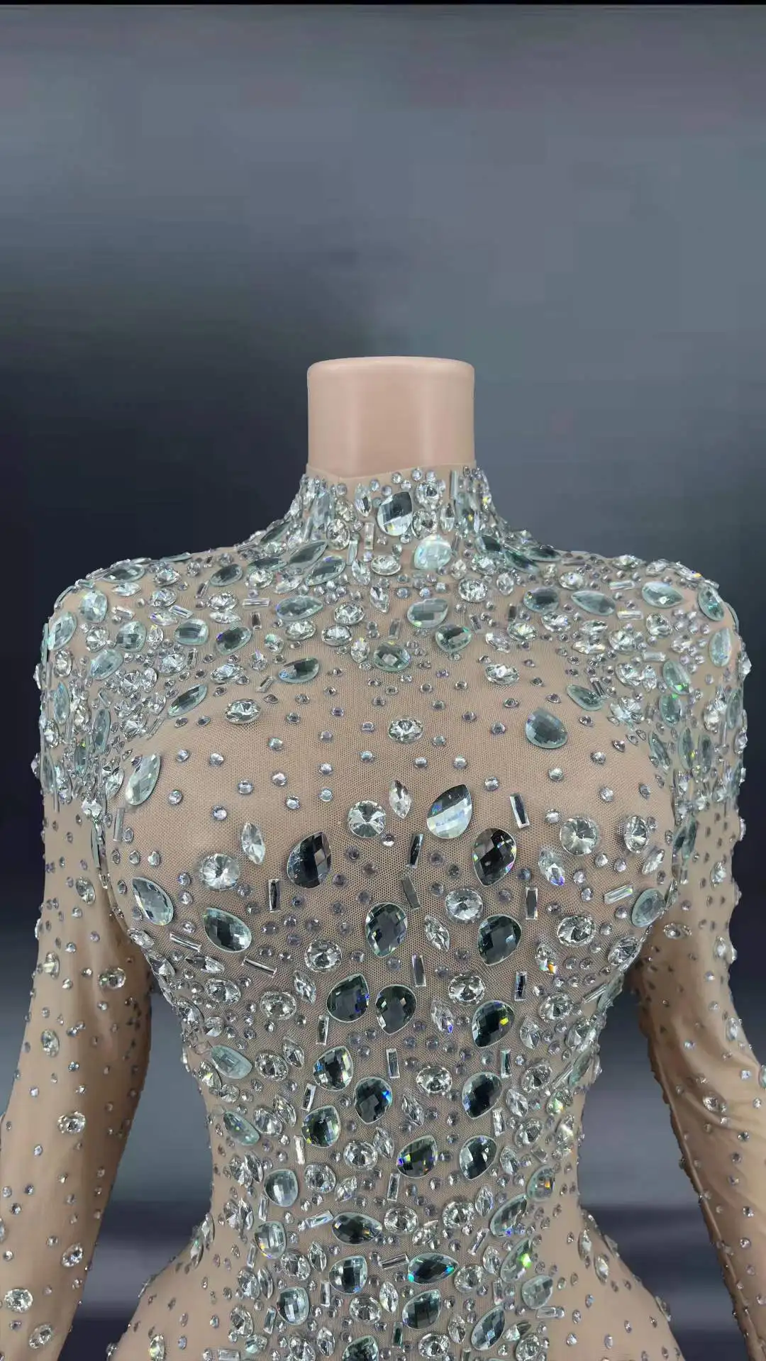 Robe à paillettes avec strass, transparente, col haut, pour femmes, tenue de fête d'anniversaire, en maille, robe de soirée pour Bar et danseuse