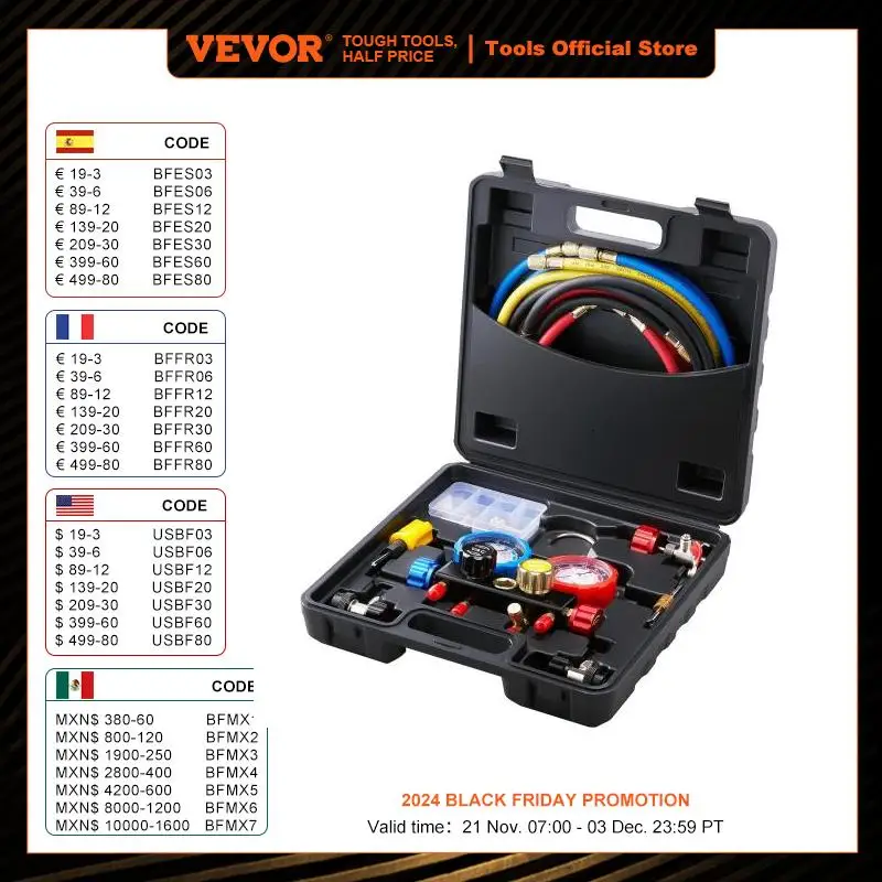 VEVOR 4 Way AC Gauge-AC Manifold Gauge Set with 5ft Hoses for R134A/R22/R12/R410A Work on Car Auto Freon Charging and Evacuation