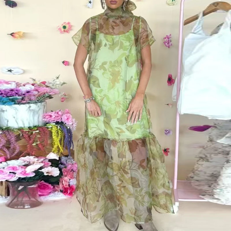Neues Sommer-Kurzarm-Urlaubskleid Schickes Modisches Mesh-Kleid mit Fake-Zweiteiler-Optik Damen Frühling Schleifenknoten Loses Boho Langes Kleid