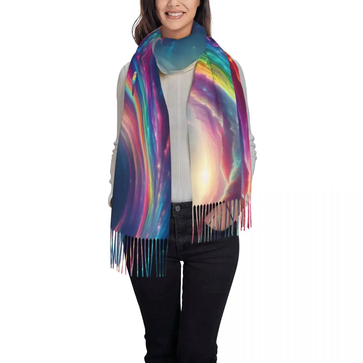 Regenbogen-geheimnisvoller magischer Schal für Damen, langer Winter- und Herbst-warmer Quastenschal, Unisex-Schals