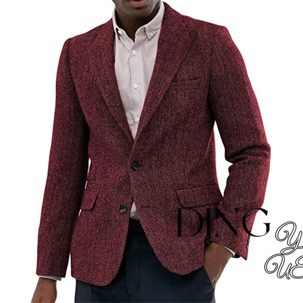 Lapel Suit Men\'s Slim Fit Overcoat Jackets Man Wool Blazer Herringbone Dress Slim Fit Men\'s Suit Men\'s Casual