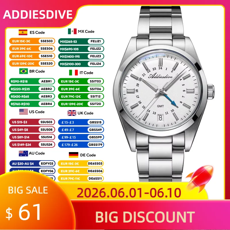 

ADDIESDIVE AD2065 GMT Men's Watch Relogios Masculino Outdoor Stainless Steel Luminous Stainless Steel 100M Diving Quartz Watches