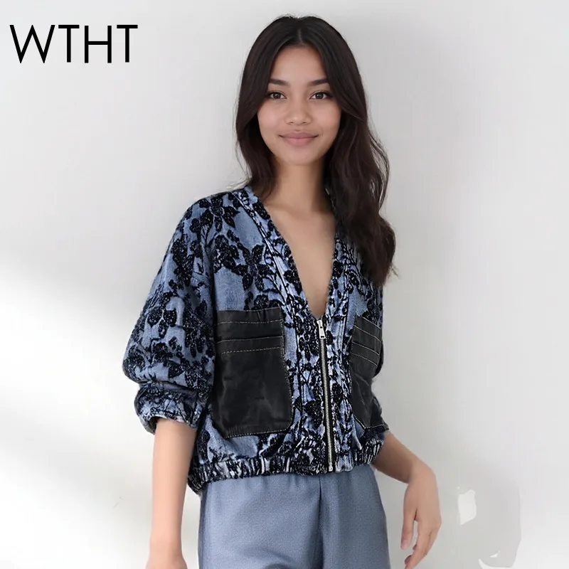 

WTHT Trendy Women's Irregular Embroidery Spliced Leather Pockets Denim Jacket 2025 Winter V-neck Long Sleeve Coat Female 1LS2756