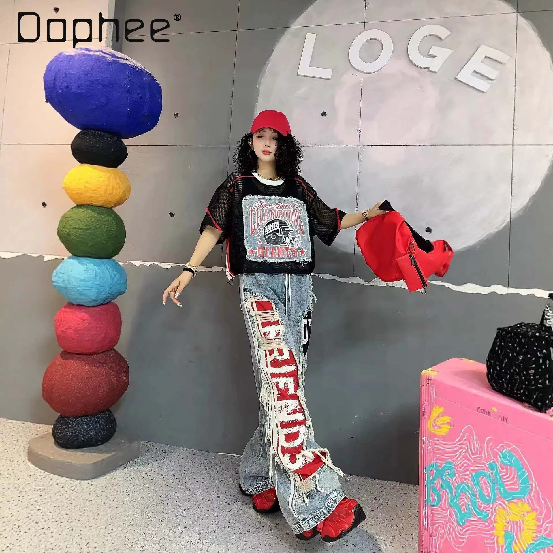 

European T-shirt Women's 2026 Summer New Hollow Splicing Patch Number Letter Printing Contrasting Color Casual Short-sleeved Top