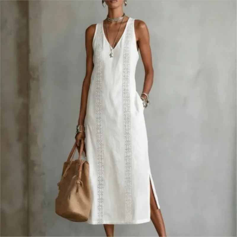 Neue Damen Sommerkleider, lässig, ärmellos, schulterfrei, O-Ausschnitt, Maxi, weiß, Boho-Stil, Neckholder, mit Seitenschlitz, für den Urlaub.