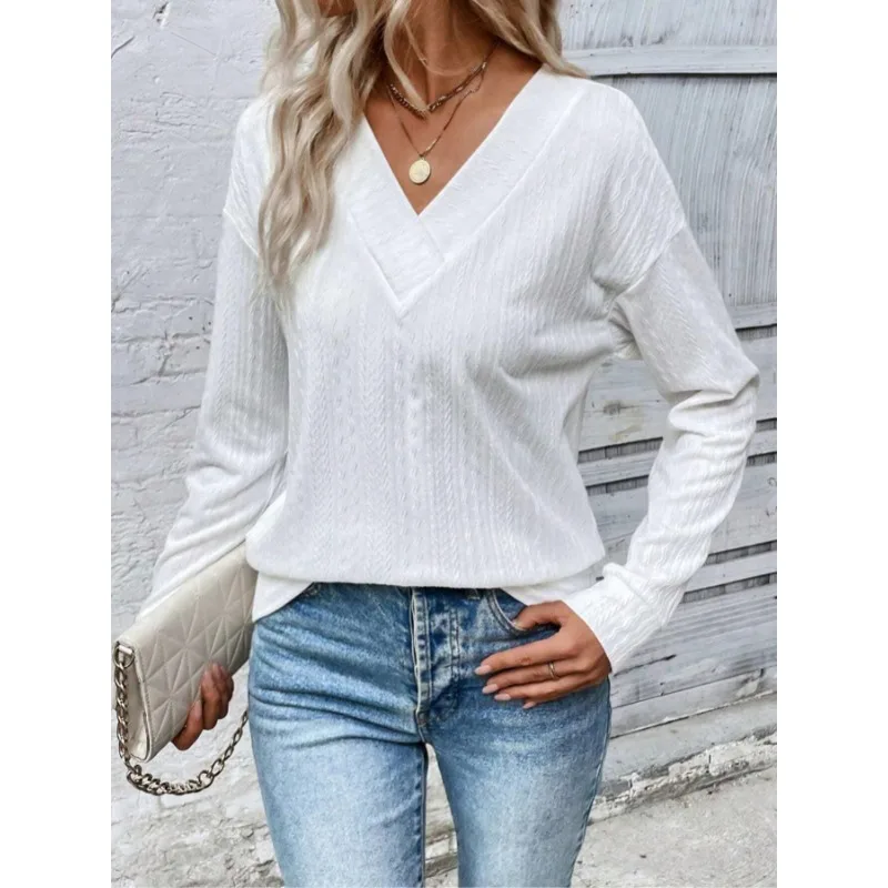 Plus Size 1XL-5XL Women's Fashionable V-neck Solid Color T-shirt Casual Comfortable Long Sleeved Sweatshirt Dropped Shoulders
