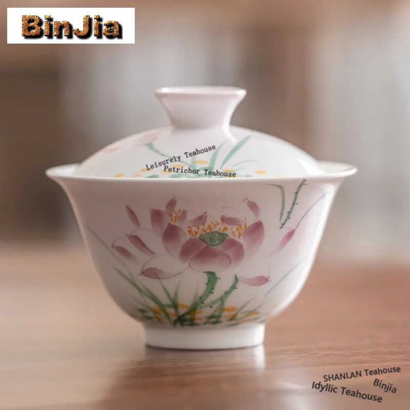 

110ml Hand-painted Lotus White Porcelain Gaiwan Ancient Tea Tureen Tea Bowl With Lid Kit Tea Maker Cover Bowl Tea Services Craft