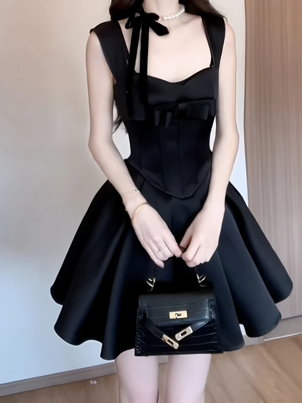 

Новое летнее женское платье Hebe Style с черным бантом и бретелями, короткое, с завышенной талией, в корейском стиле, А-силуэт, без рукавов