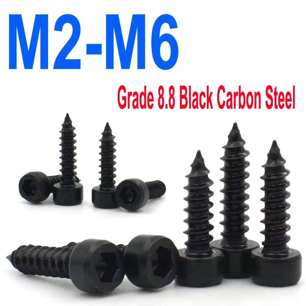 

15-100pcs Grade 8.8 Black Carbon Steel Hex Socket Cap Head Self-Tapping Screws (M2-M6)