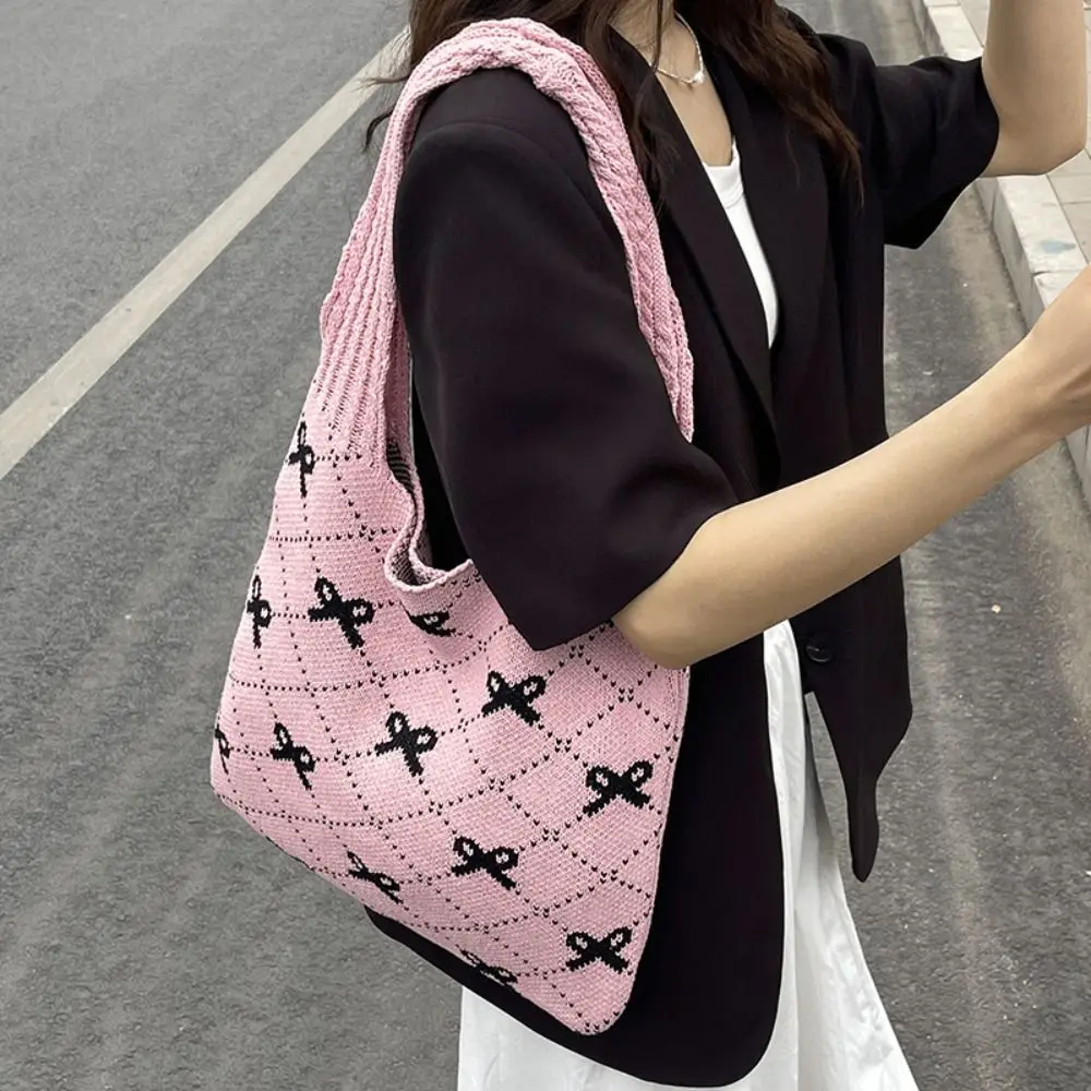 

Casual Printed Bow Knitting Shoulder Bag Commute Handbag Knitted Crochet Bag Underarm Bag Large Capacity Knitting Tote Bag Girls