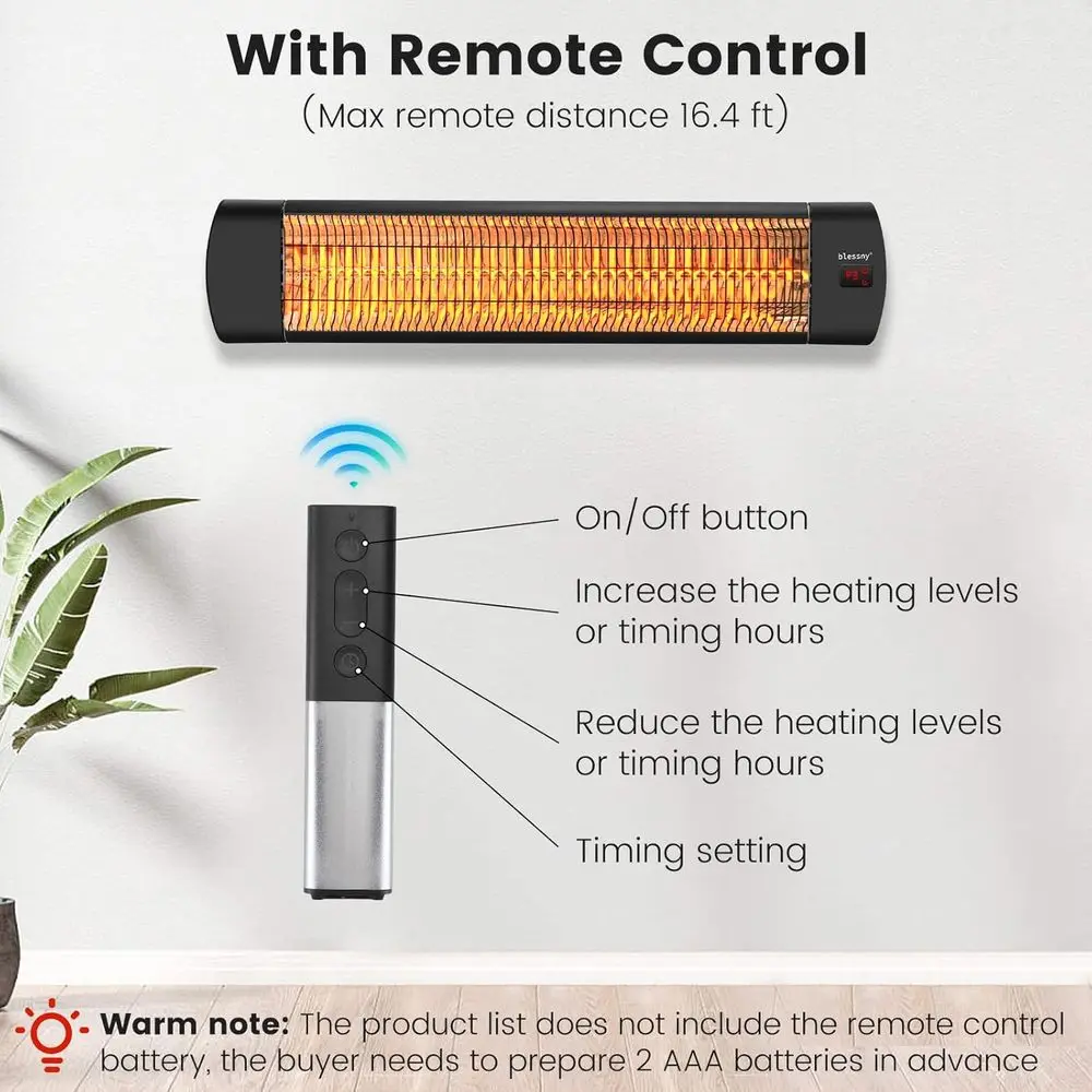 1500W 壁掛け赤外線パティオヒーター、24時間タイマーとリモコン付き、ガレージ、作業場、温室に最適、IP65 W