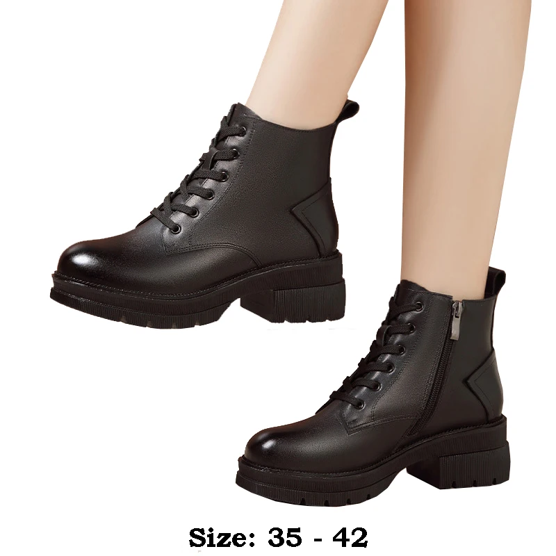 

High quality short ankle leather boots for women 5cm mid heel platform 2024 autumn winter 35 41 42 elegant shoe black