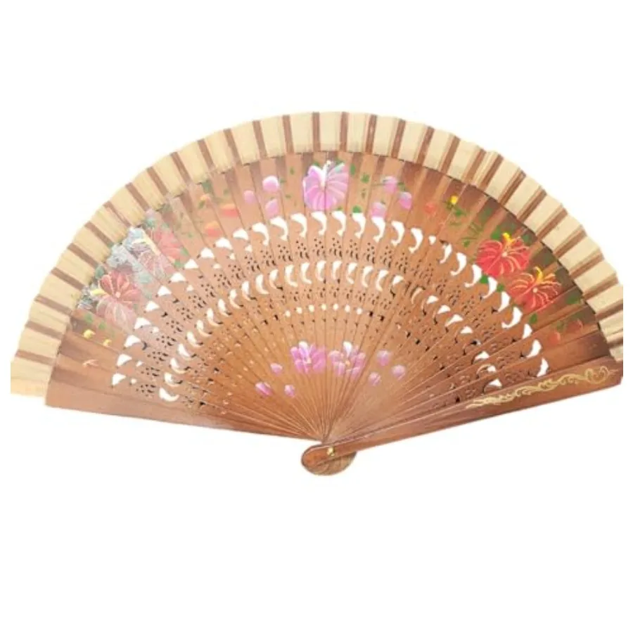 Floral Vintage Spanish Folding Fan Doubled-Side Flower Wood Fan for Wedding Party Decor/Dancing Hand Fan Brown