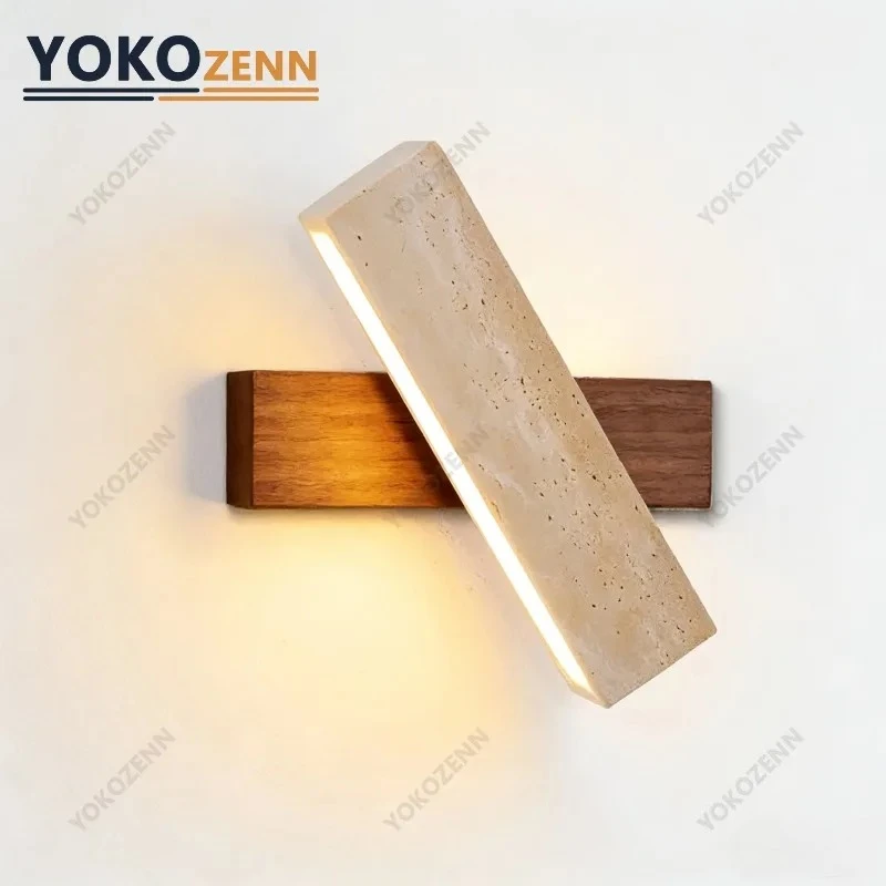

Настенный светильник YOKO в японском стиле Ваби-Саби из желтого травертина с выключателем на цепочке, регулируемый светодиодный светильник из дерева и камня для спальни и квартиры