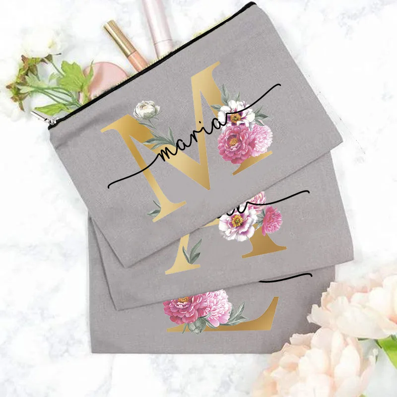 Personalized Custom Letter+name Makeup Bag Bridesmaid Maid of Honor Wedding Bachelorette Party Gift Canvas Cosmetic Zipper Pouch