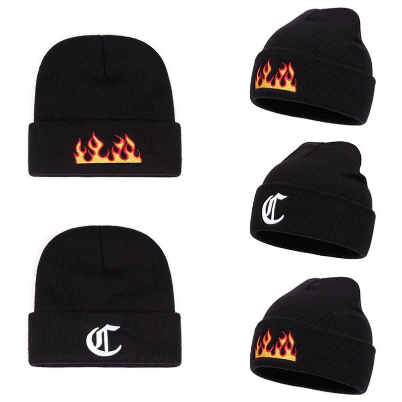 2026 New Bean Hat Flame Gothic Letter C Embroidered Hip Hop Hat Outdoor Daily Decoration Hat Unisex Knitted Hat Borderless Hat
