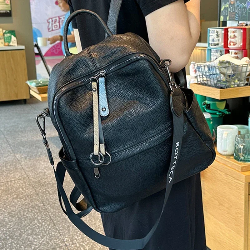 

Women's Leather Rucksack, Can be Carried on One Shoulder, Fashion Crossbody Bag Black Cowhide Ladies Bags