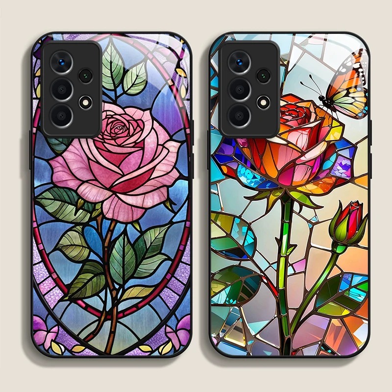 Чехол для телефона из закаленного стекла с цветным узором в виде роз для Samsung Galaxy A56 A55 A54 A53 A52 A51 A36 A14