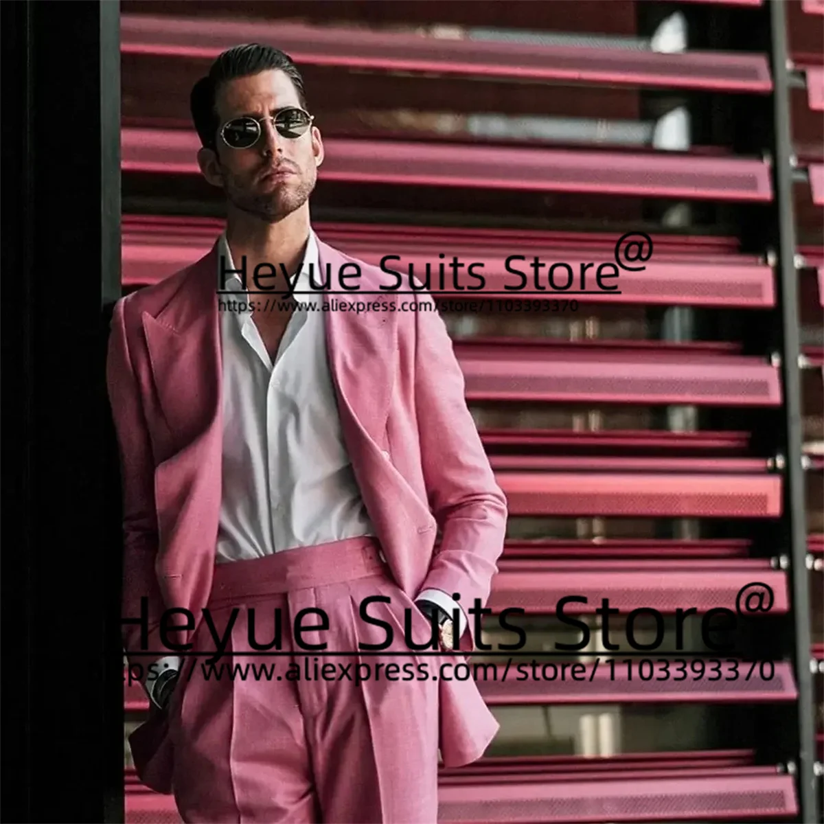 Pink Fashion Handsome Men Suits Slim Fit Peak Lapel Groom Formal Tuxedos Prom 2 Pieces Sets Casual Male Blazer Costume Homme