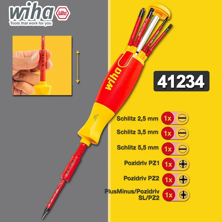 

Wiha 6-in-1 Screwdriver Set for Electricians, Bit Holder VDE Integrated Bit SlimBit, Slotted, Pozidrive, Plusminus NO.41234