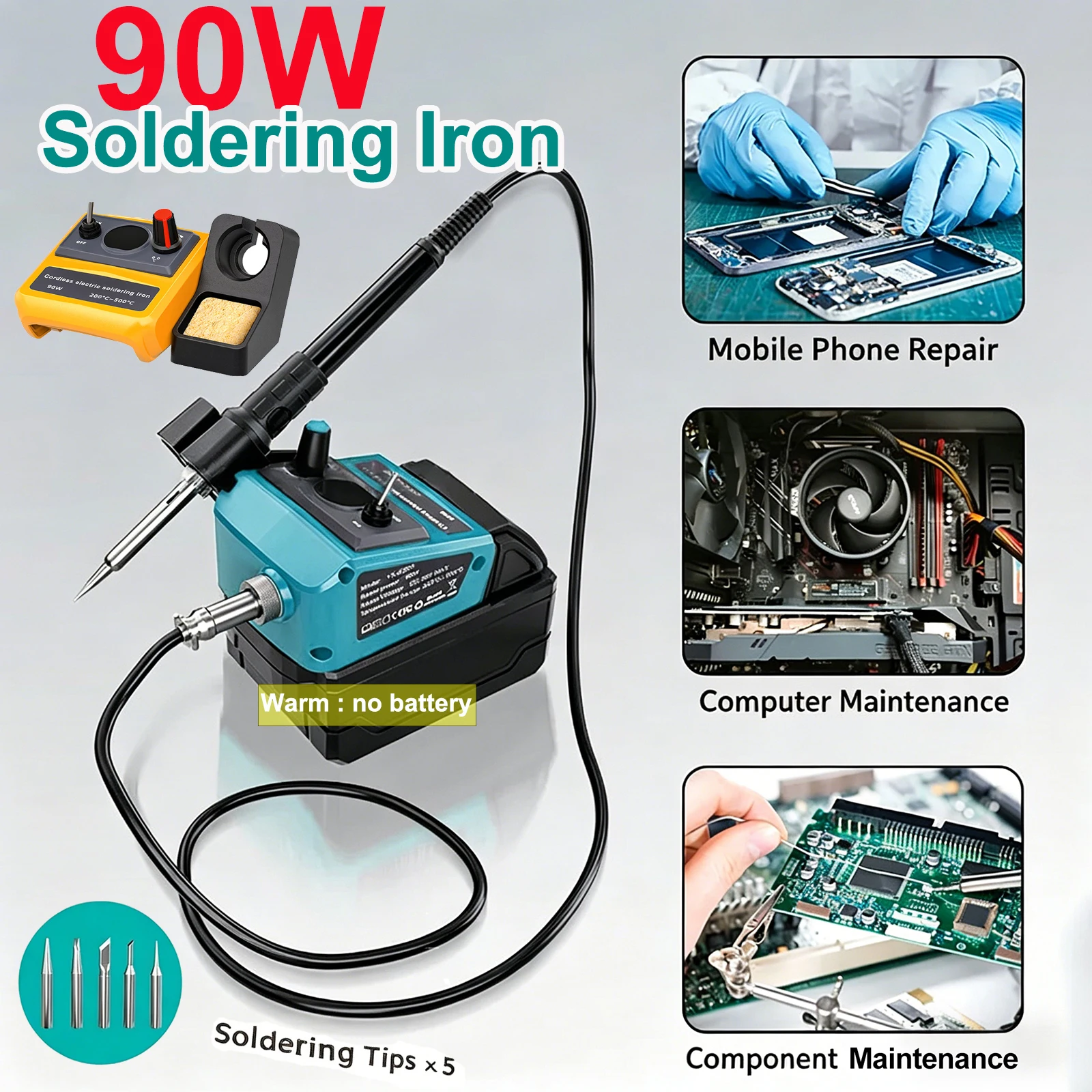 

Для аккумуляторных паяльных станций Makita/Milwaukee/Bosch 18В 20В Li-ion, 90Вт, температура 200°C ° C~500 ° Набор из 5 наконечников для паяльника C