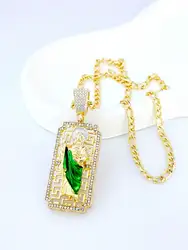 1pc Vintage Floral Green St. Jude Necklace Saint Jude Figaro Chain