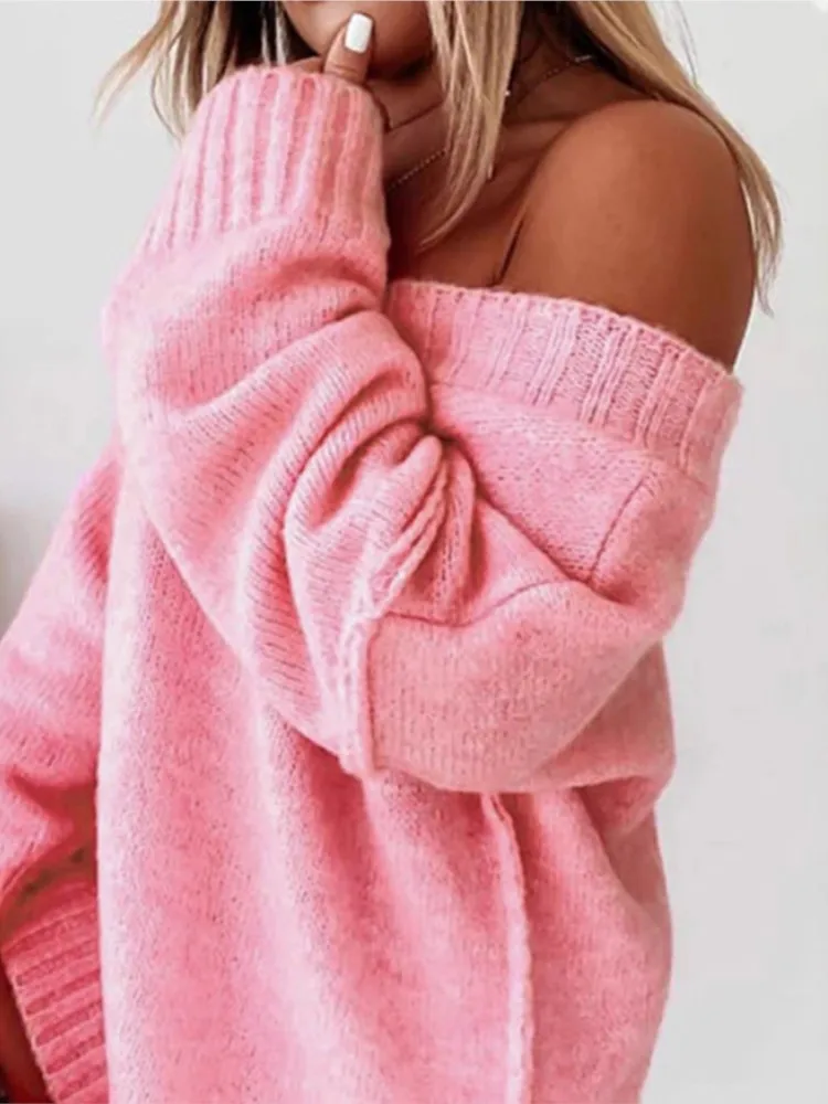 Осенне-зимний простой однотонный пуловер с v-образным вырезом, женский повседневный свободный элегантный свитер с длинными рукавами и открытыми плечами