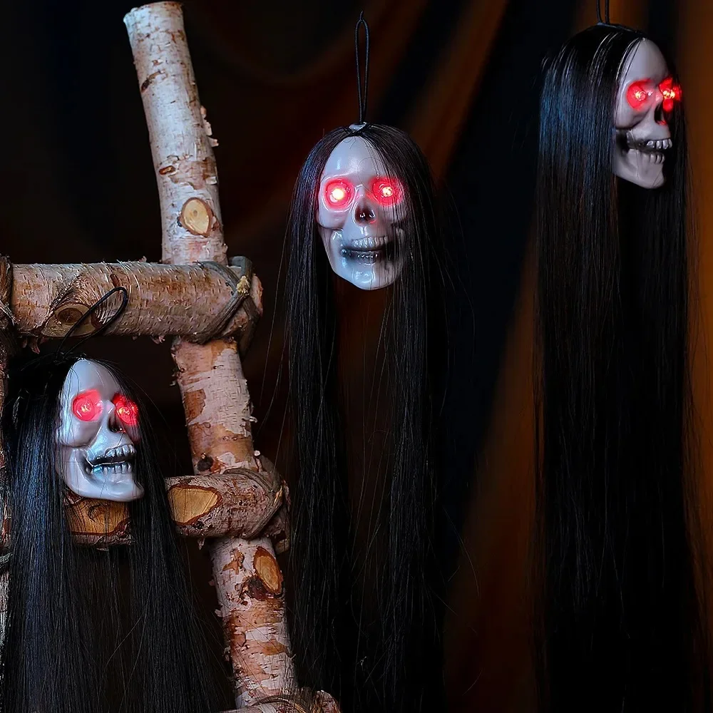 Long Hair Glowing Female Skeleton Ghost Halloween Hanging Ghost Skeleton Horror Skull Haunted House Secret Room Set Decoration image 2