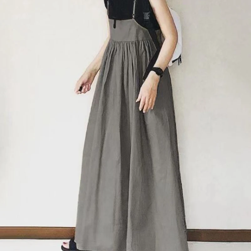 

2023 Spring Summer New Splicing High Waist Dress Japanese Style Women Long Dress Solid Color Pleated Suspender Long Dress Women